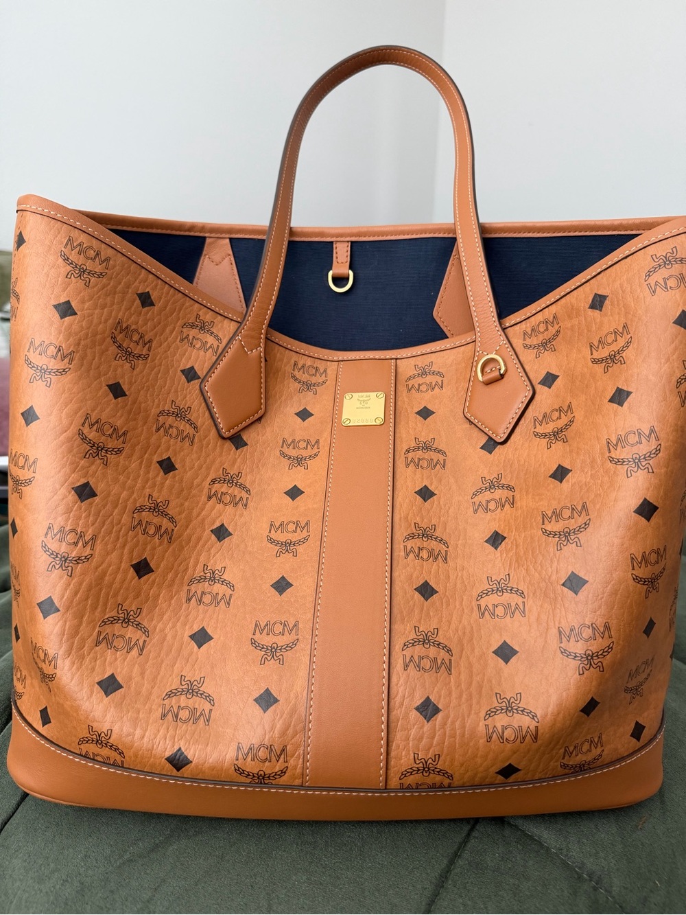 MCM Cognac Leather Visetos Monogram Tote with Navy Interior- Reversible